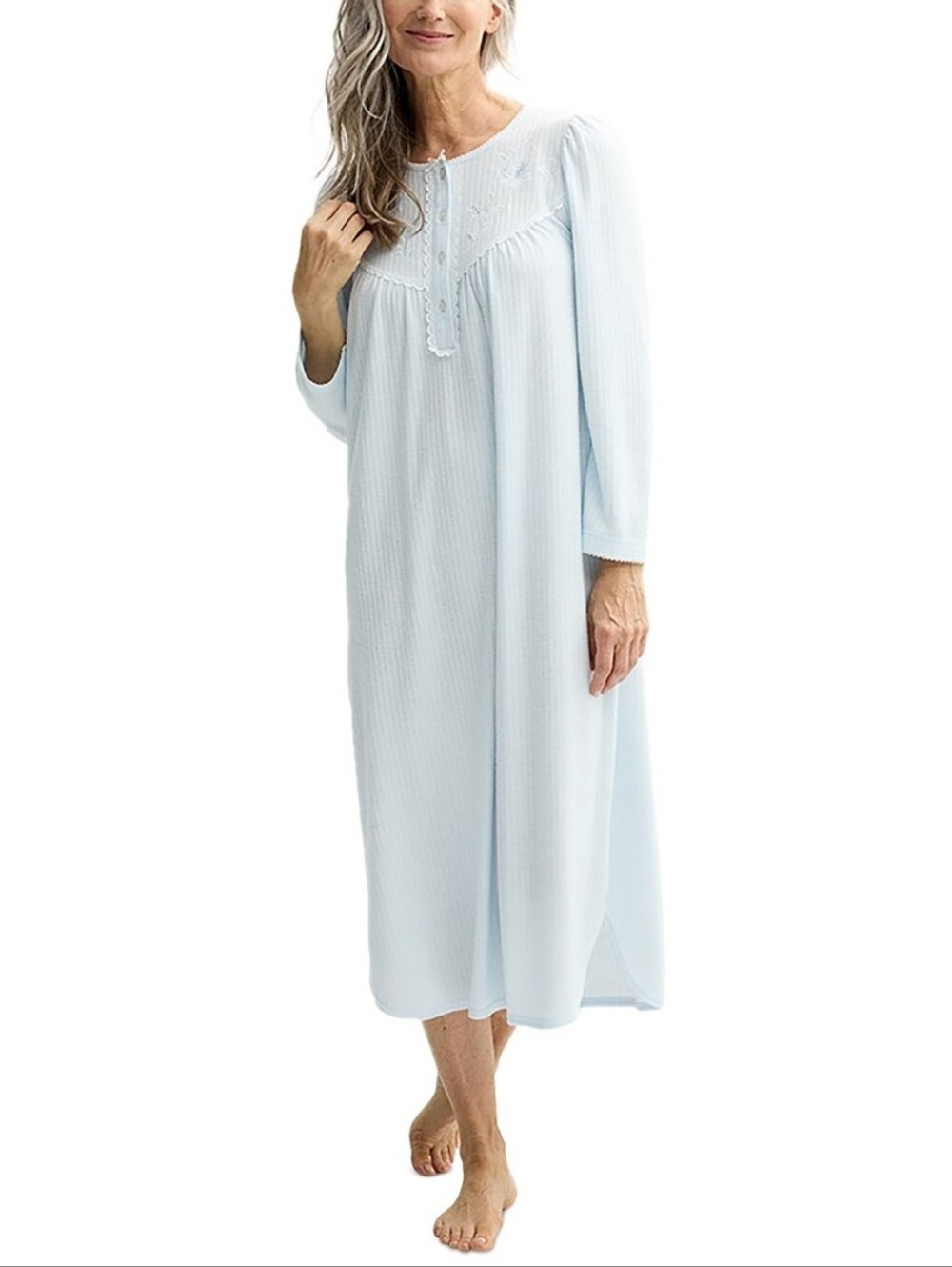 Miss Elaine Women's Embroidered Honeycomb Knit Nightgown - Light Blue